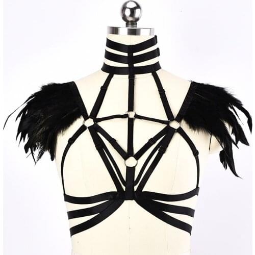 90s Harajuku Feathers Body Harness Women Lady Fetish Bondage Lingerie Sexy Crop Tops Bodysuit See Through Body Cage Bralette