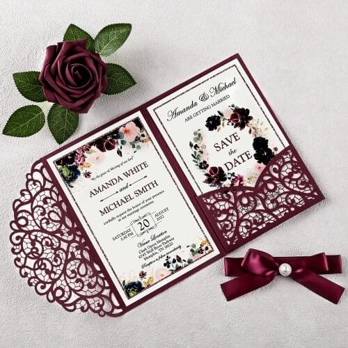 1PCS Wedding Invitations 4 Colors Glitter Laser Cut Hollow Invitations Pockets for Wedding, Quinceanera, Party