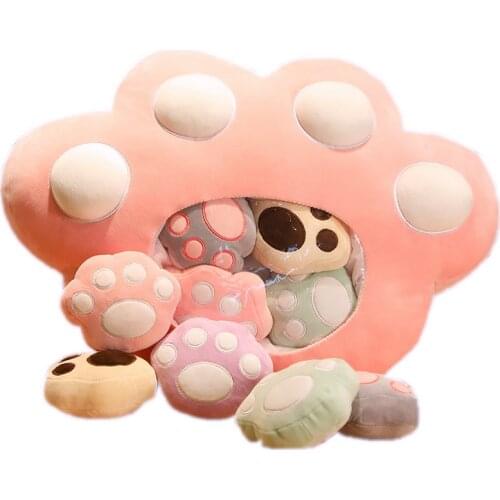 2 in 1 Unique 5pcs Mini Cat Paws Inside a Big Paw Bag Pillow Stuffed Bear Paw Shape Throw Pillow Funny Toys Waist Chair Cushion