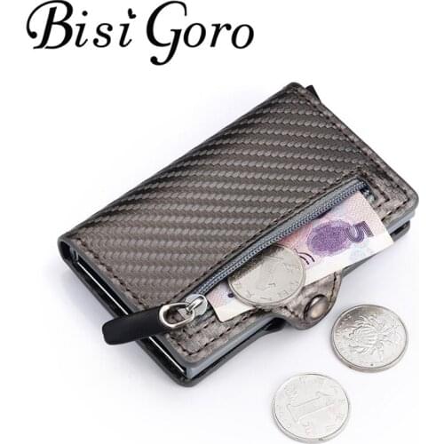 Bisi Goro 2020 Anti-theft Card Holder Carbon Fiber Slim Wallet Card RFID Men Business Button Wallet Male Coin Purse ID Holder