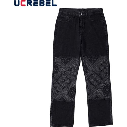 Cashew Flowers Spliced Denim Pants Mens High Street Loose Straight-leg Pants Streetwear Casual Jeans Trousers Men