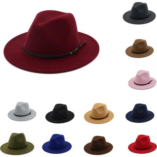 #Women Men Wool Vintage Gangster Trilby Felt Belt Buckle Fedora Hat With Wide Brim Gentleman Elegant Winter Autumn Jazz Caps2020
