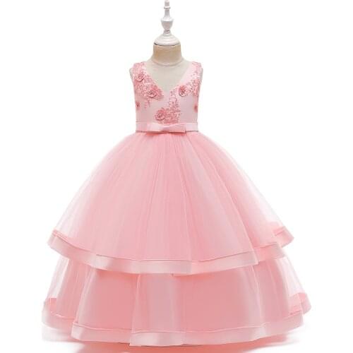 FOCUSNORM Summer Kids Girls Princess Dress Floral Embroidery V-Neck Sleeveless Lace Ankle Length Tutu Dress 3-11 Years