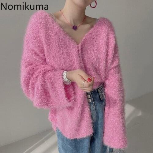 Nomikuma Korean Chic Pink Cardigan Women V Neck Single Breasted Knitwear Tops Female Solid Color Casual Loose Fashion Outerwear