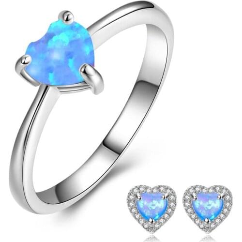 Cute Female Wedding Ring Earrings Jewelry Set Vintage Blue Fire Opal Heart Ring Stud Earrings Bridal Jewelry Sets For Women