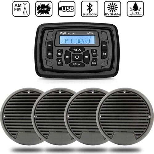 Marine Stereo Radio Audio Boat Bluetooth Receiver FM AM Car MP3 Player+2Pair 3inch Marine Speakers For RV UTV Bath Motorcycle