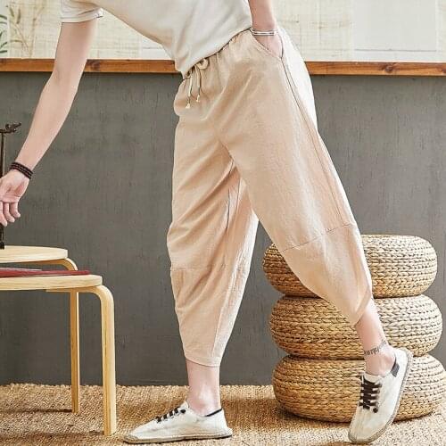 Mens Solid Linen &Cotton Pants Chinese Style Summer Plus Size M-5XL Casual Ankle-Length Pants Loose Retro Harem Trousers Pants
