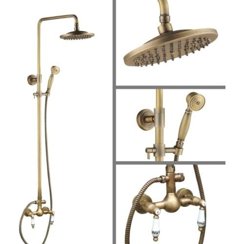 Wall Mounted Two Ceramics Handles Antique Brass Bathroom Waterfall 8 inch Rain Shower Handshower Faucet Set Mixer Tap aan103