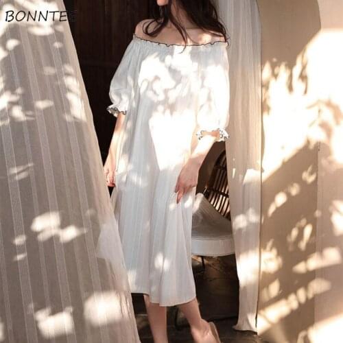 Nightgowns Women Solid Simple Trendy Slash Neck Plus Size M-3XL Elasticity Cotton Korean Style Ulzzang Students Pockets Mujer
