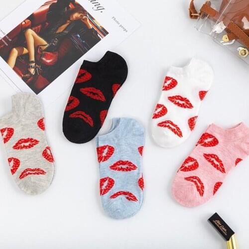 5 Pairs 1 lot Socks Women Fashion Cotton Crew Red Lips Socks Pack Ankle Cotton Short Funny Lady Sexy Sox skarpety 1 Set Skarpety
