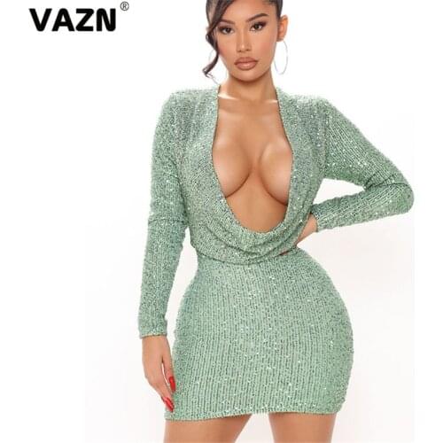 VAZN 2020 New Arrival Little Chap Sexy Club Open Solid Sweet Deep V-Neck Full Sleeve Women High Waist Thin Mini Dress
