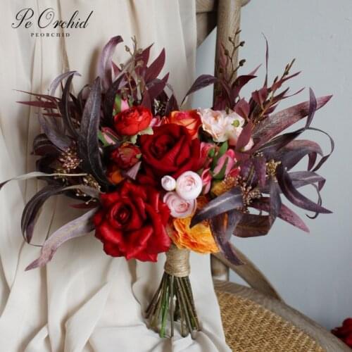 PEORCHID Orange Burgundy Roses Wedding Bouquet For The Bride Artificial Bridesmaid floral Accessories Bridal flower Bouquet
