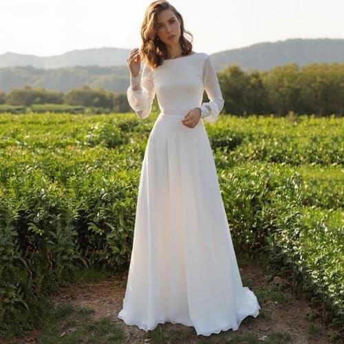 Sexy Wedding Dresses Chiffon Pleat Bateau Full Sleeve Backless A-Line Bridal Gowns Novia Do 2021 New Party