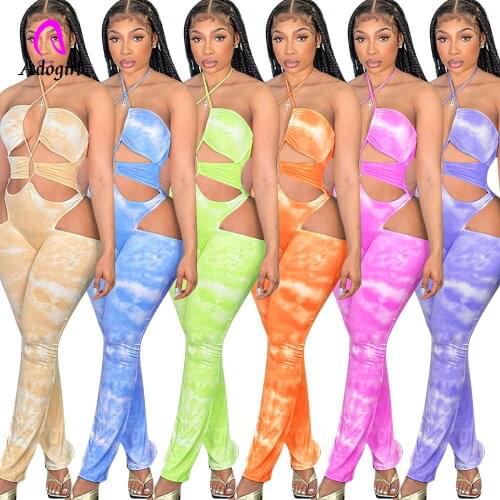 Offer Shoulder Women Rompers Tie Dye Hollow Out Skinny Jumpsuit 2021 Summer Sexy Club Party One Piece Workout Activewear Outfits