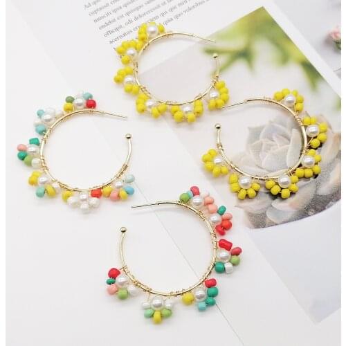 Sweet Flower Hoop Earrings Exaggerate Round Colored Beads Floral Earrings Boho Big Earring Accessaries 2021 Summer Women Jewelry