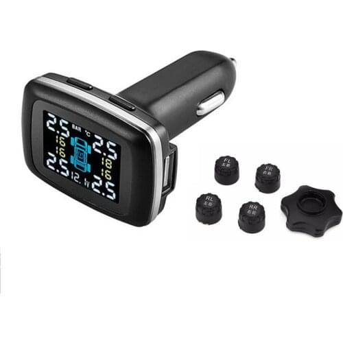 Car TPMS Cigarette Lighter Type Tire Pressure Monitoring System 4 Externa and Built in Sensors LCD Display Tyre Detector USB
