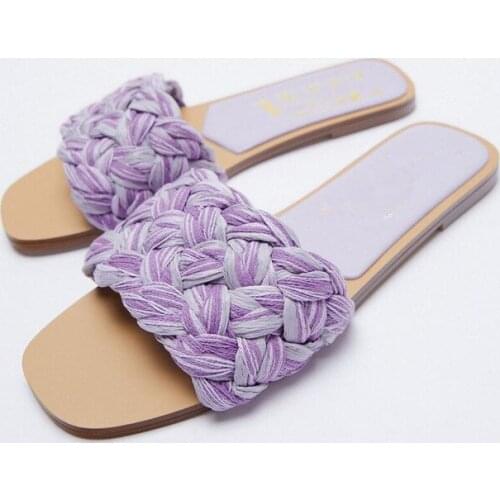 ZAR Brand Slippers Women Summer Luxury 2021 New Fashion Square Toe Weave Flat-Heeled Sandals Plus Size 41 Chaussure Femme Mujer