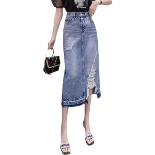 NYFS 2021 Summer Fashion Woman Split denim skirt High waist hole Jeans Fish tail Skirts