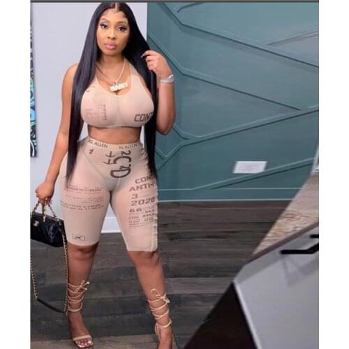 Fashion Letter Printing Sexy Halter Sports Vest Shorts 2 Pieces Sets 2021 Summer Autumn Women Elastic Sportswear Female Set