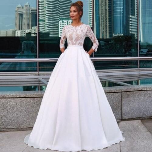 A Line Satin Wedding Dresses 2020 Vestido De Noiva Three Quarter Lace Court Train Floor Length plus size Bridal Gown for women