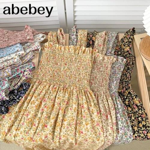 2021 New Summer Women Sweet All-match sleeveless floral print Dress ruched slim medium length sling Dress