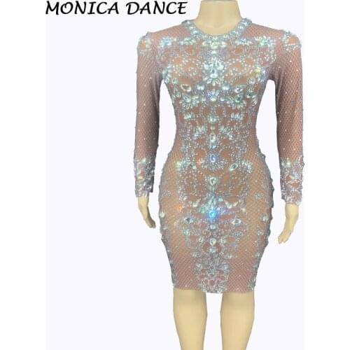 Women Sexy Stage Tan Color Silver Rhinestone Transparent Dress Birthday Celebrate Dress Bar Prom Mesh Outfit Women Dance Dress