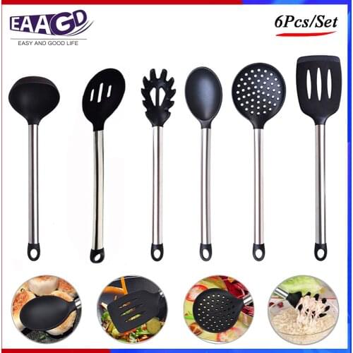 6Pcs/Set Cooking Utensils Silicone Stainless Steel Kitchen Utensil Set - Nonstick Heat Resistant Serving Utensils