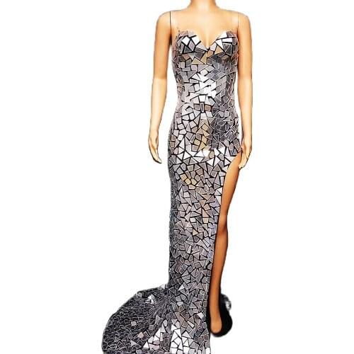 Sparkling Silver Mirror Sequins High Split Fork Dress Mermaid Long Trailing Dresses Backless Performance Costume Birthday Party