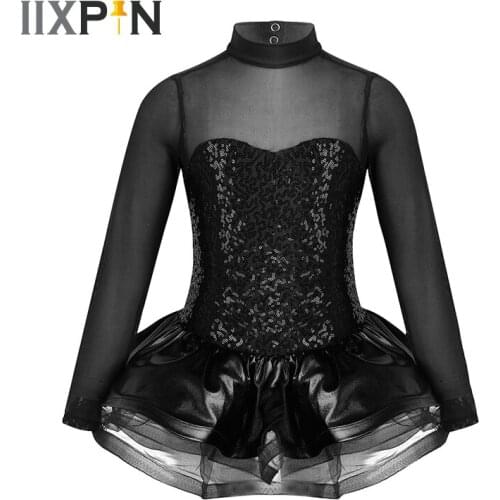 Girls Shiny Sequins Figure Skating Dress Ballet Dress Long Sleeves Tulle Splice Keyhole Back Ballet Dance Leotard Tutu Dress