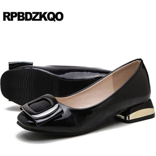 Big size 2018 designer 33 black 10 42 high quality shoes low heels slip on thick square toe 11 43 women patent leather metal new