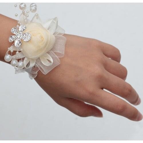 Ivory Customized Pearls Wrist Corsage Crystal Groom Boutonniere Wedding Handmade Flower Rose Bridesmaid Wrist Corsage X978-Z