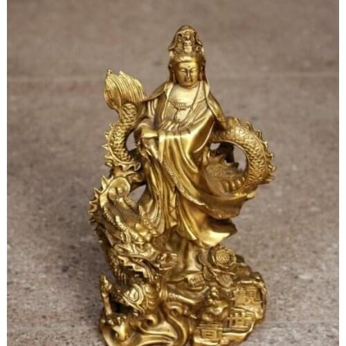 Exquisite Buddhism Brass Copper Kwan-yin Guanyin Bodhisattva Ride Dragon Statue