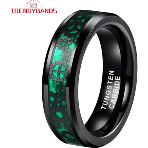 Black 6MM Mens Womens Tungsten Carbide Rings Wedding Bands Gear And Green Opal Inlay Comfort Fit