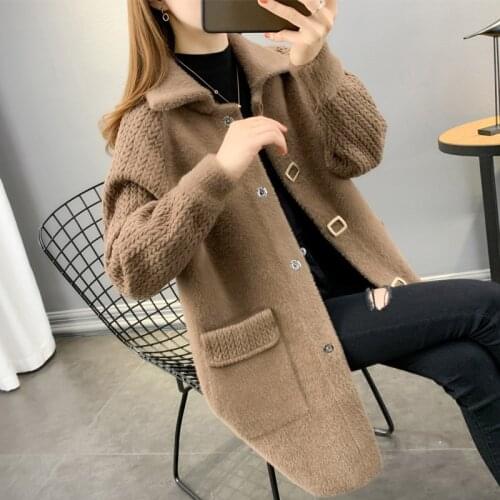 Imitation Mink Jacket Women Mid-Length Autumn Winter Stitching Thick Coat Knit Sweater Cardigan Female Windbreaker Outerwear