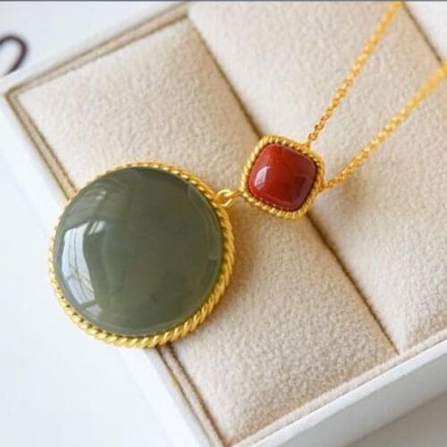 Natural Hetian Gray Jade round Brand Inlaid S925 Sterling Silver Vintage Ancient Style Thick Gold Pendant Embellished with South