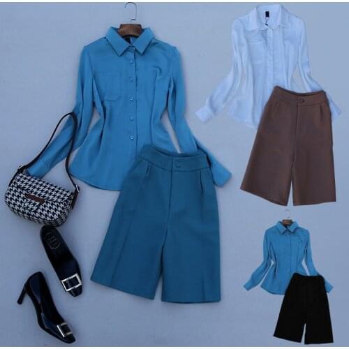 Spring New Office Lady Elegant Long Sleeve Blouse Shirt and Knee-length High Waist Pants One Set