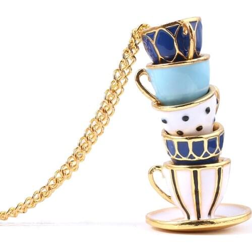 Multiple Teacup Necklace Glazed Sweater Chain Creative Long Neck Chain Teapot Pendant for Women Delicate Jewelry