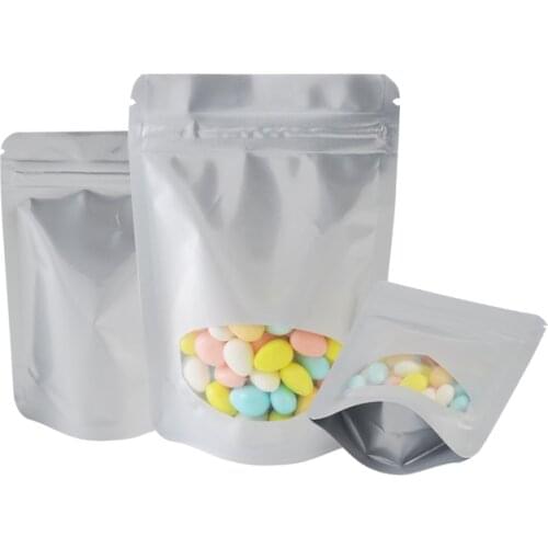 100 PCS Silver Clear Stand Up Aluminum Foil Zip Lock Bags Resealable Heat Seal Plastic Window Bag, Food Storage Packing Pouch