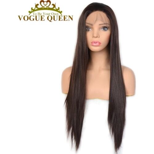 Vogue Queen Dark Brown Synthetic Lace Front Wig Long Straight Half Handtied Wigs Heat Resistant Fiber For Women