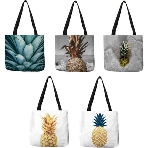 Personalized Pineapple Pattern Tote Bags For Women Eco Linen Reusable Shopping Bags Travel Beach Bag