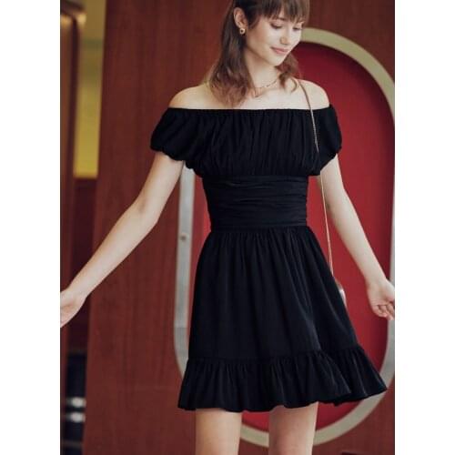 AEL New Women fashion elegance Mini Dress black Slash Neck Ruffled Style Off Shoulder Holiday and Vocation Dresses