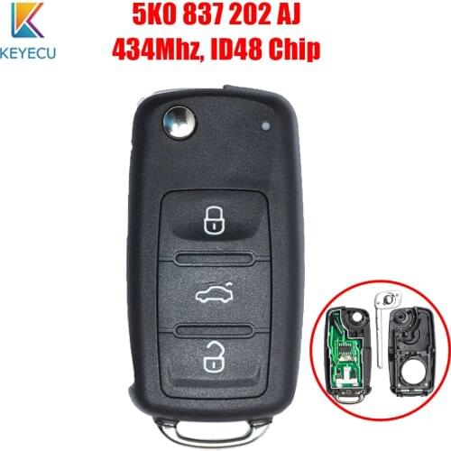 Keyecu 5K0837202AJ 5K0 837 202 AJ Folding Flip Remote Key 3 Buttons 434Mhz ID48 for Volkswagen VW Golf Caddy Beetle Polo Jetta