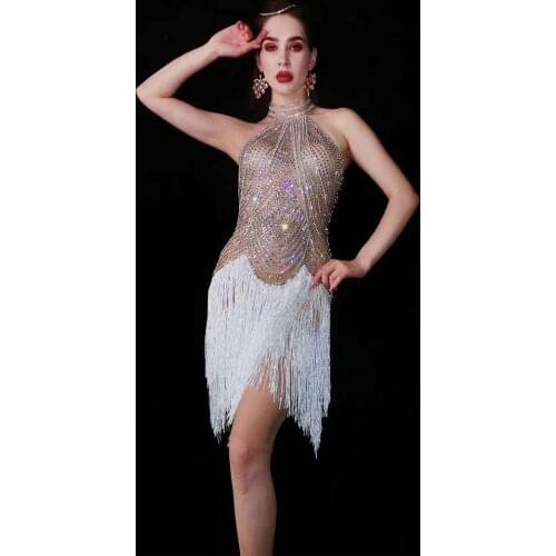 Silver Sexy Sleeeveless Tassel Rhinestone Dress Party Stage Dance Costumes DJ DS Pole Bar Gogo Dance Outfits Women Clothing