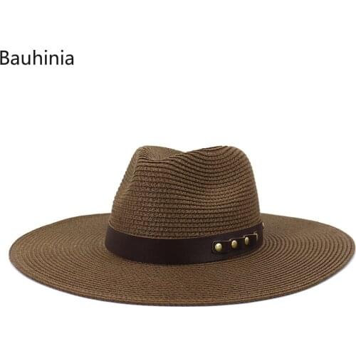 Bauhinia Women Men 10CM Large Wide Brim Straw Cap Summer Handmade Panama Sun Hat Outdoor Beach Jazz Hat