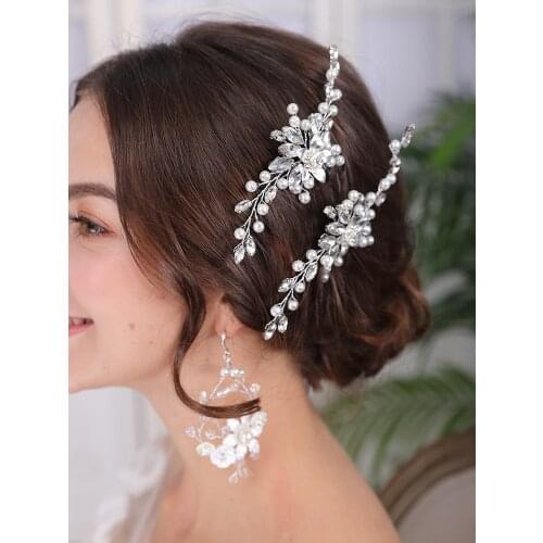 Silver Flower Hair Pin Bridal Headwear Rhinestone Handmade Tiara Headpieces Pearl Women Headdress Wedding Accessories For Hair