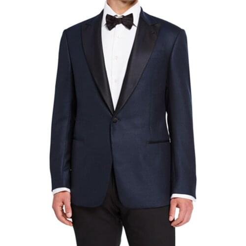 Navy Blue Wedding Tuxedo For Men Custom Made Suits Navy Blue Nailhead Custom Wedding Suits For Men Black Peak Lapel Groom Tuxedo