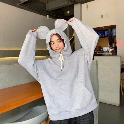 QRWR Spring Autumn New Women Hoodies Fashion Personality Kawaii Hooded Sweatshirt Women Casual Loose Solid Color Hoodie