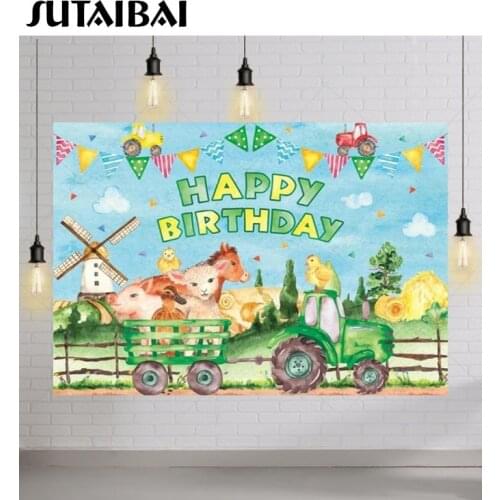 Tractor Happy Birthday Farm Wild Animals Safari Party Photography Background Newborn Baby Shower Watercolor Backdrop Decoration