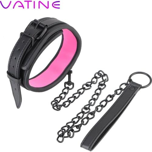 VATINE Neck Ring Collar Leather And Iron Chain Link Slave Restraints Sex Toys For Couples Women Bondage Collar SM Bondage