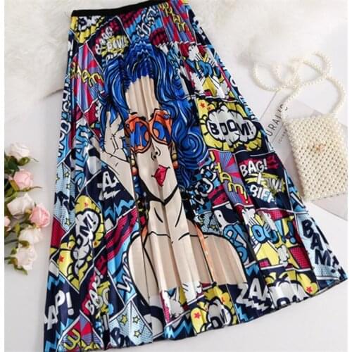 New Womens Skirt Fashion Casual Elastic Waist Pleated Skirts Print Medium Length Skirts Large Pleated A-line Skirt Personality